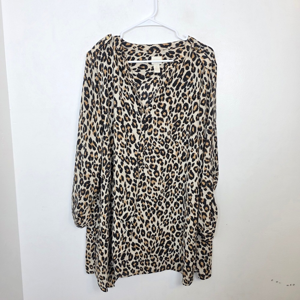 Chicos Leopard Print Tunic Blouse V-Neck Roll Tab Sleeve Tan Black Size 3 (XL) - Picture 1 of 9